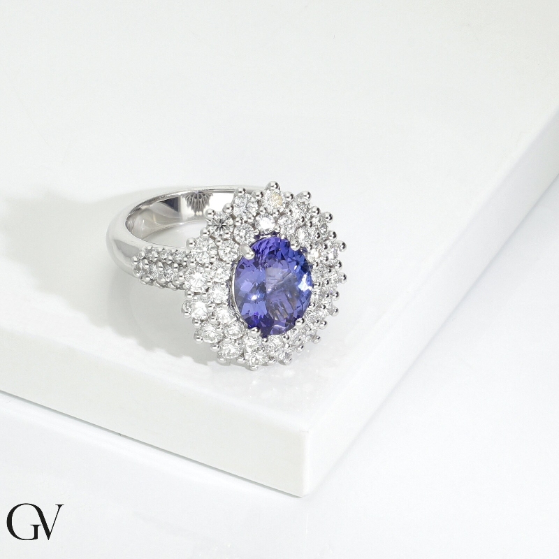 Tanzanite double diamond halo ring in 18kt white gold