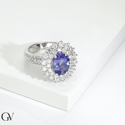 Tanzanite double diamond halo ring in 18kt white gold