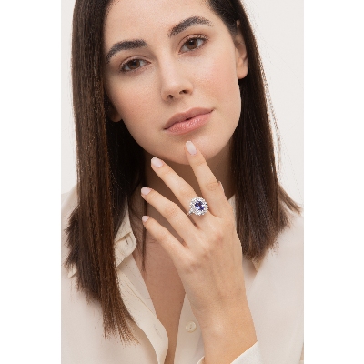 Tanzanite double diamond halo ring in 18kt white gold