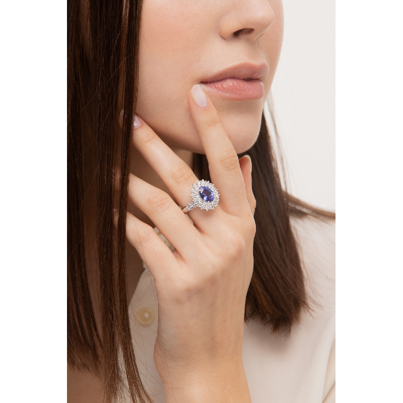 Tanzanite double diamond halo ring in 18kt white gold