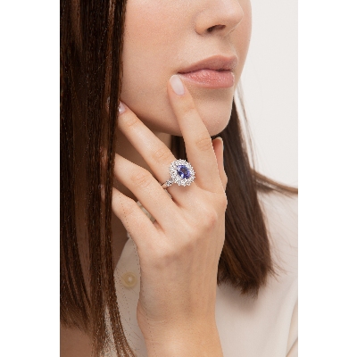 Tanzanite double diamond halo ring in 18kt white gold
