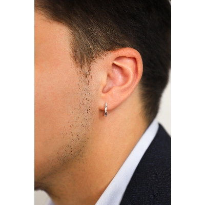 White gold 18k single hoop earring half channel setting with diamonds