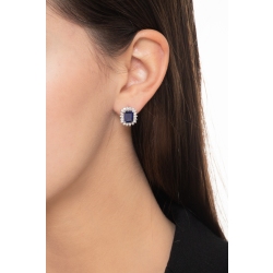 Halo stud earrings in white gold 18k with diamonds and blue sapphires 2