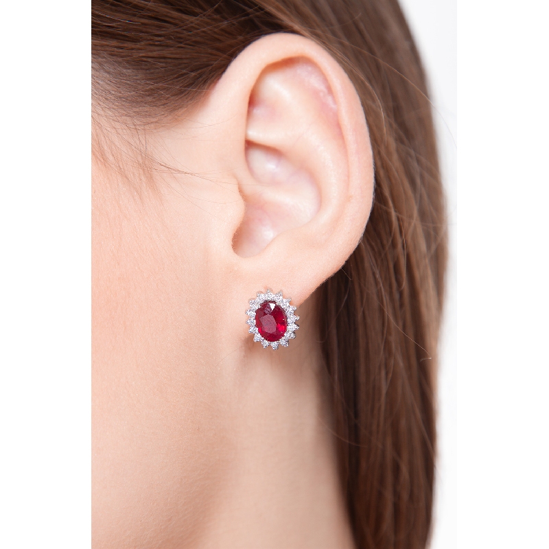 Halo earrings in white gold 18k with rubies and diamonds  Halo earrings in white gold 18k with rubies and diamonds