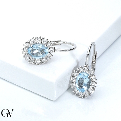 White gold 18k halo earrings with aquamarine oval cut and diamonds 