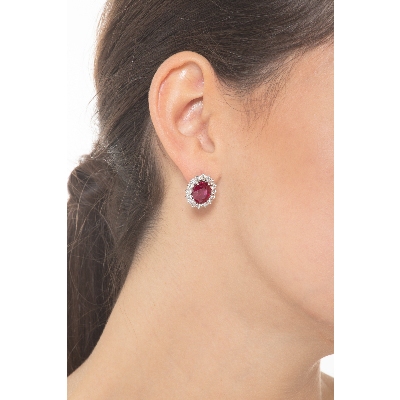White gold 18k stud earrings with oval cut rubies and diamonds halo 
