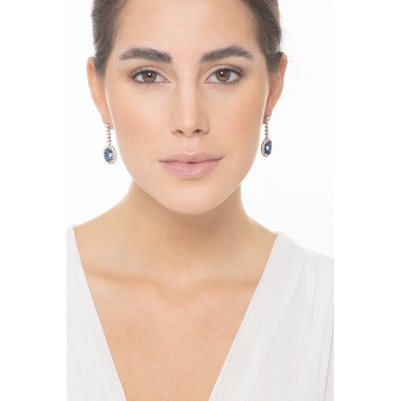 White gold 18k drop earrings with blue sapphires oval cut and diamonds 