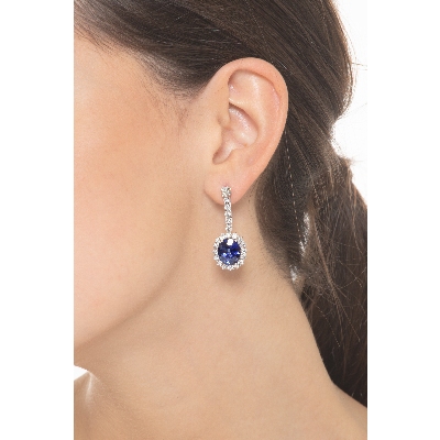 White gold 18k drop earrings with blue sapphires oval cut and diamonds 