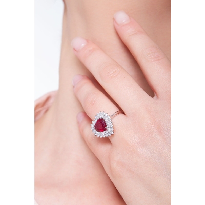 Diamond double halo ring with a heart cut ruby white gold 18k