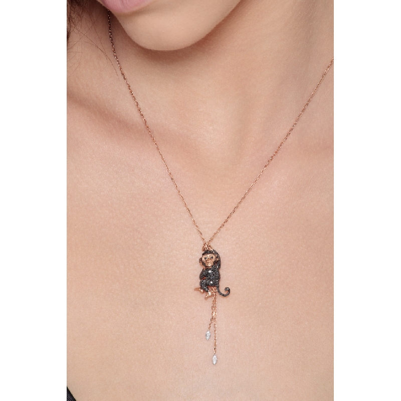 Necklace with Monkey pendant in 18k white and rosé gold with black diamonds Necklace with Monkey pendant in 18k white and rosé gold with black diamonds