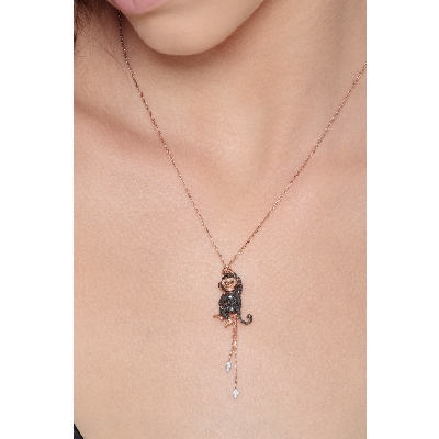 Necklace with Monkey pendant in 18k white and rosé gold with black diamonds