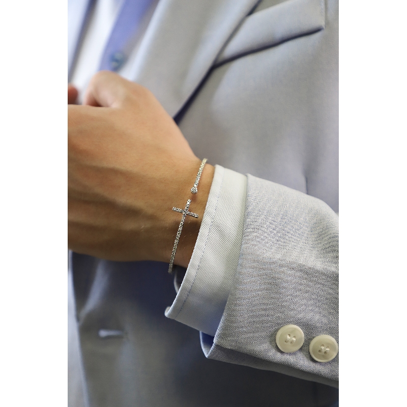 18k white gold spring bracelet with cross in diamonds  18k white gold spring bracelet with cross in diamonds