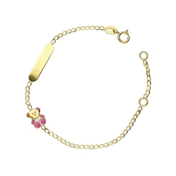 Pink enamel teddybear nameplate 18kt yellow gold bracelet