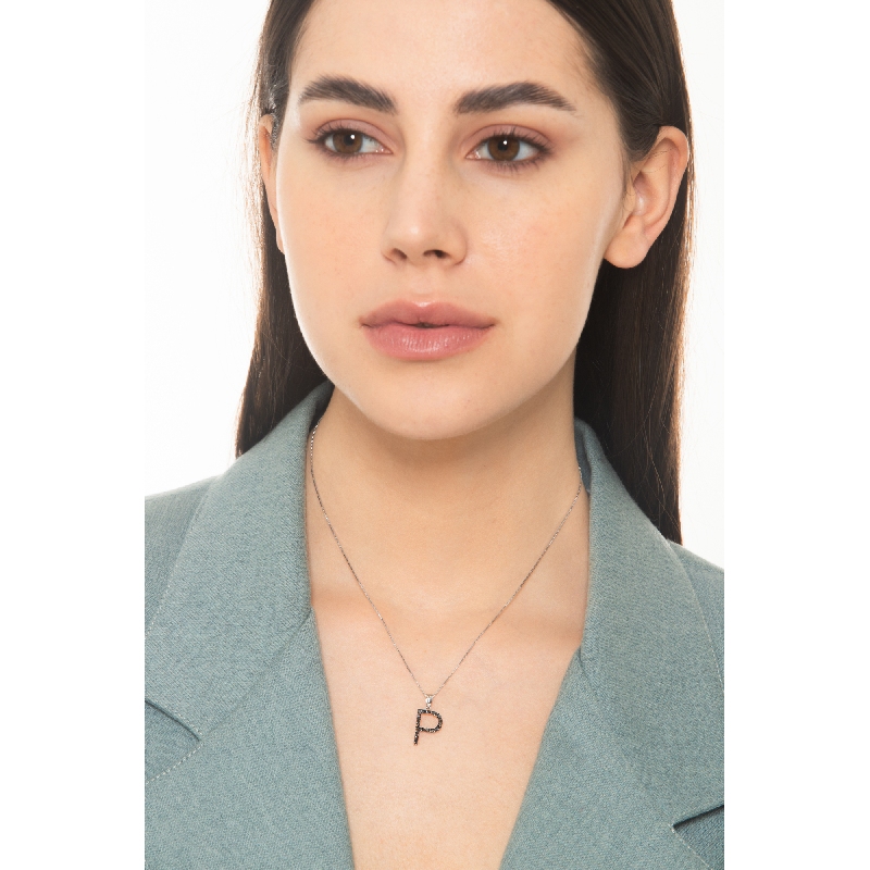 Necklace with initial P in 750 white gold and black diamonds Necklace with initial P in 750 white gold and black diamonds