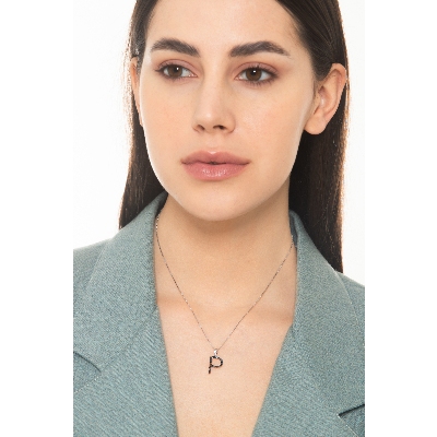 Necklace with initial P in 750 white gold and black diamonds