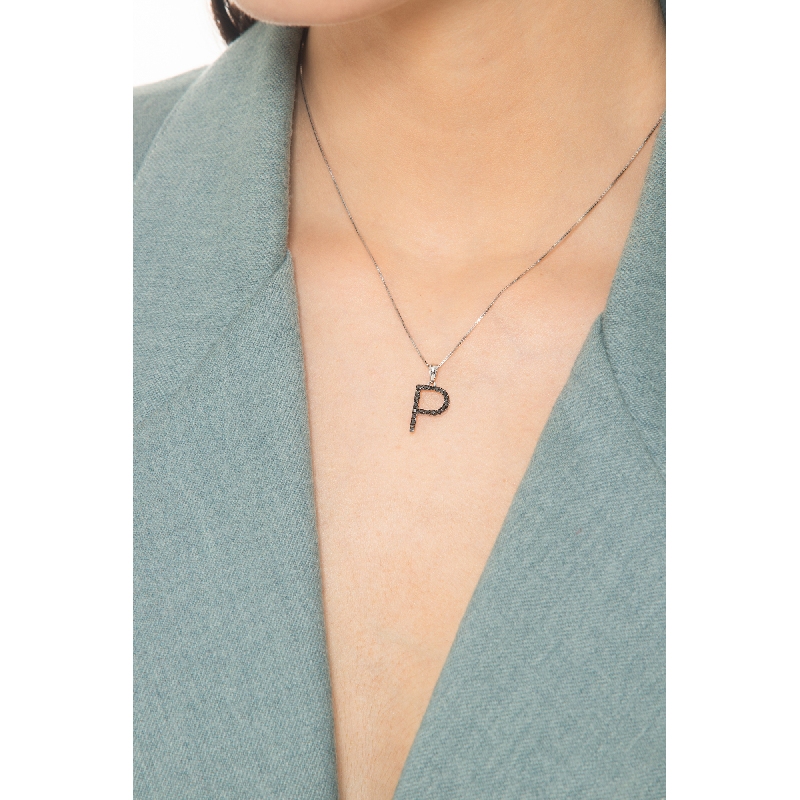 Necklace with initial P in 750 white gold and black diamonds Necklace with initial P in 750 white gold and black diamonds
