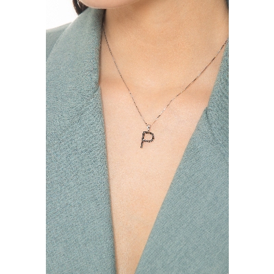 Necklace with initial P in 750 white gold and black diamonds