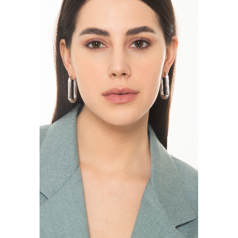 White Gold Oval Hoop Earrings With Diamonds