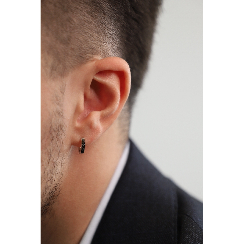 White gold 18k single hoop earring with black diamonds  White gold 18k single hoop earring with black diamonds