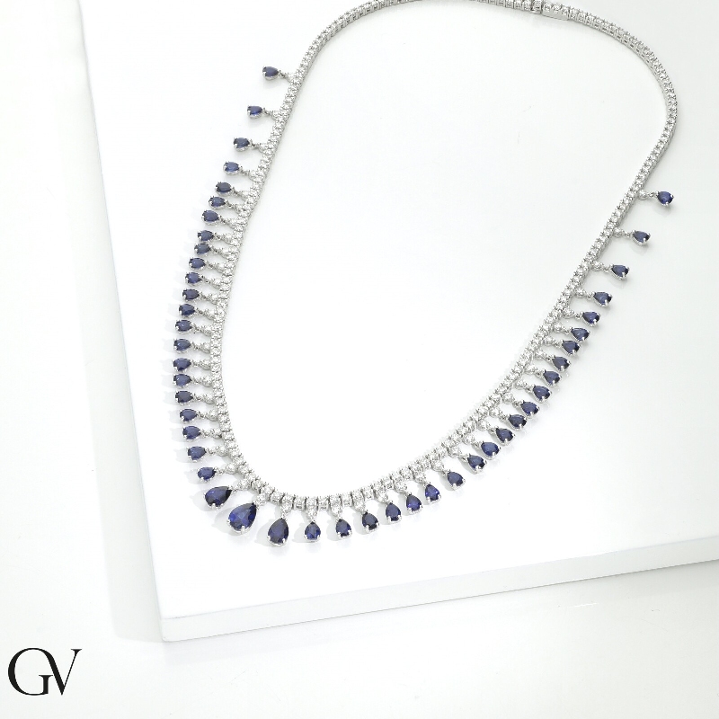 750 white gold tennis design necklace with diamonds and blue sapphires 750 white gold tennis design necklace with diamonds and blue sapphires