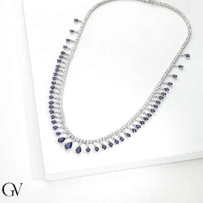 750 white gold tennis design necklace with diamonds and blue sapphires