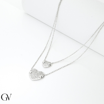 18k white gold double stand necklace with two hearts in diamonds
