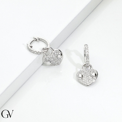 Pendant earrings in white gold 750 with heart pavè
