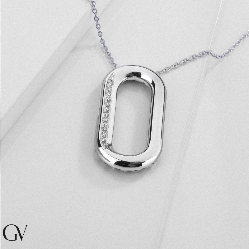 750 white gold necklace with oval pendant adorned with a row of diamonds 750 white gold necklace with oval pendant adorned with a row of diamonds