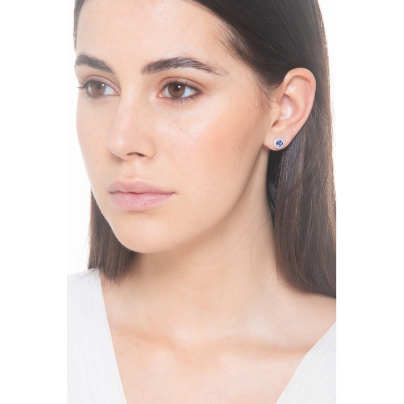 18k white gold halo earrings with blue sapphires and diamonds 18k white gold halo earrings with blue sapphires and diamonds