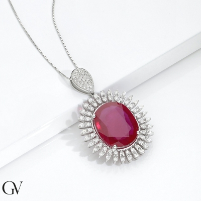 750 white gold necklace with oval ruby and diamonds