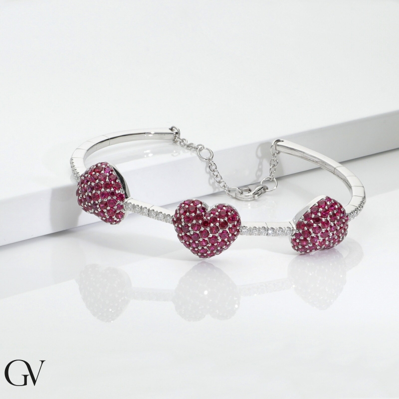 750 white gold bracelet with diamonds and three hearts in rubies  750 white gold bracelet with diamonds and three hearts in rubies