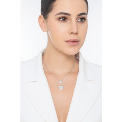 18k white gold double stand necklace with two hearts in diamonds