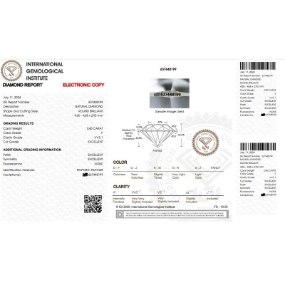 IGI Certified Diamond CT 0.40 F VVS 1