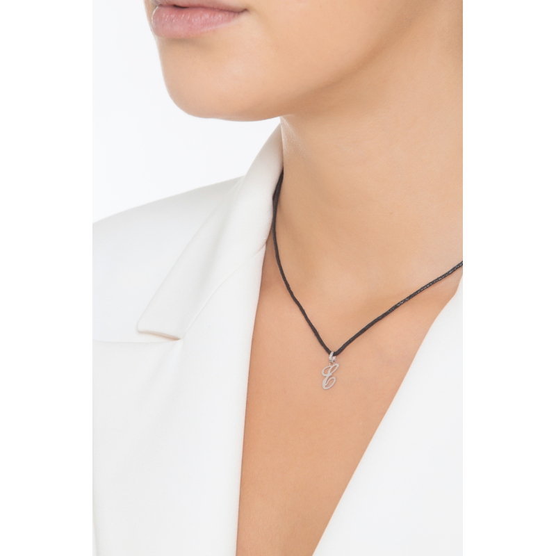 Pendant with initial letter E in italic in 18k white gold