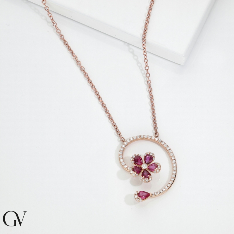 Flower necklace in rose gold 18k with rubies and diamonds Flower necklace in rose gold 18k with rubies and diamonds
