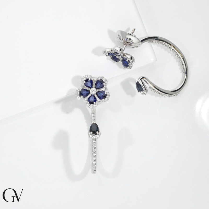 Flower drop earrings with diamonds and blue sapphires