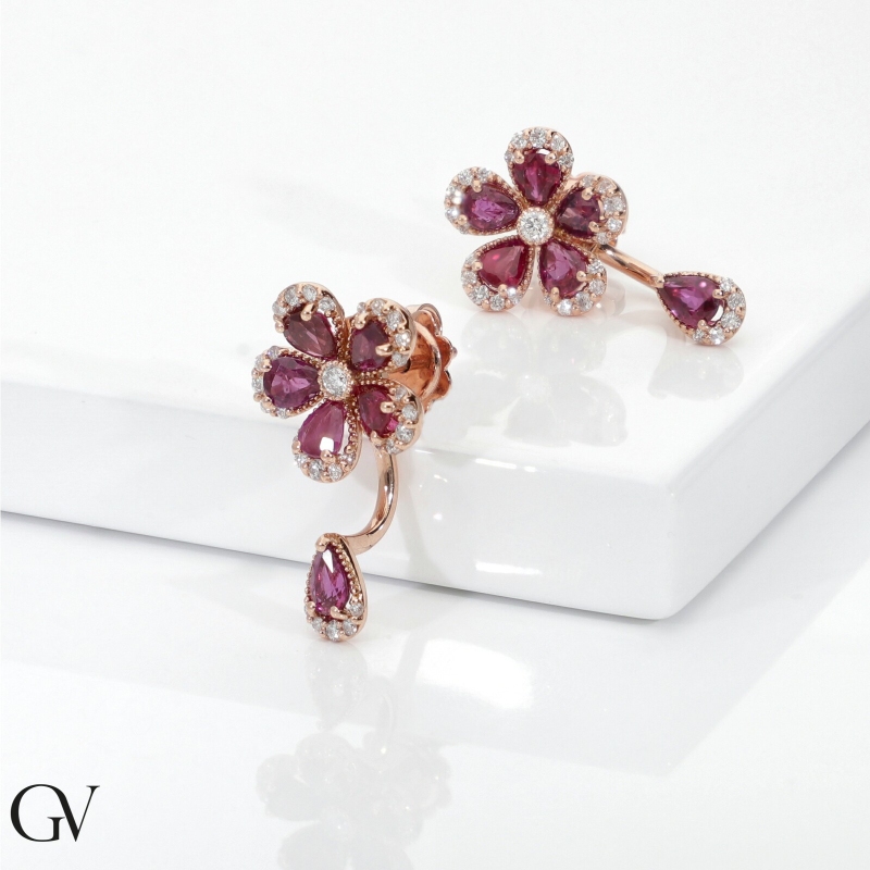 18k white gold drop flower earrings with rubies and diamonds 18k white gold drop flower earrings with rubies and diamonds