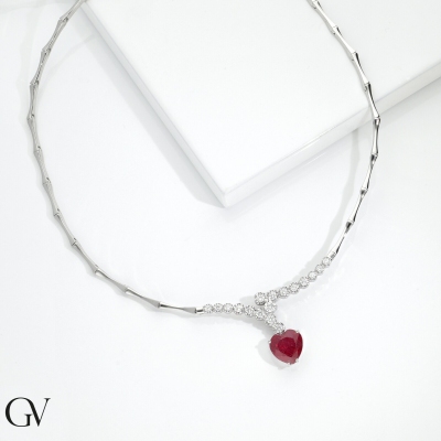 Heart Ruby and diamonds necklace in white gold 750