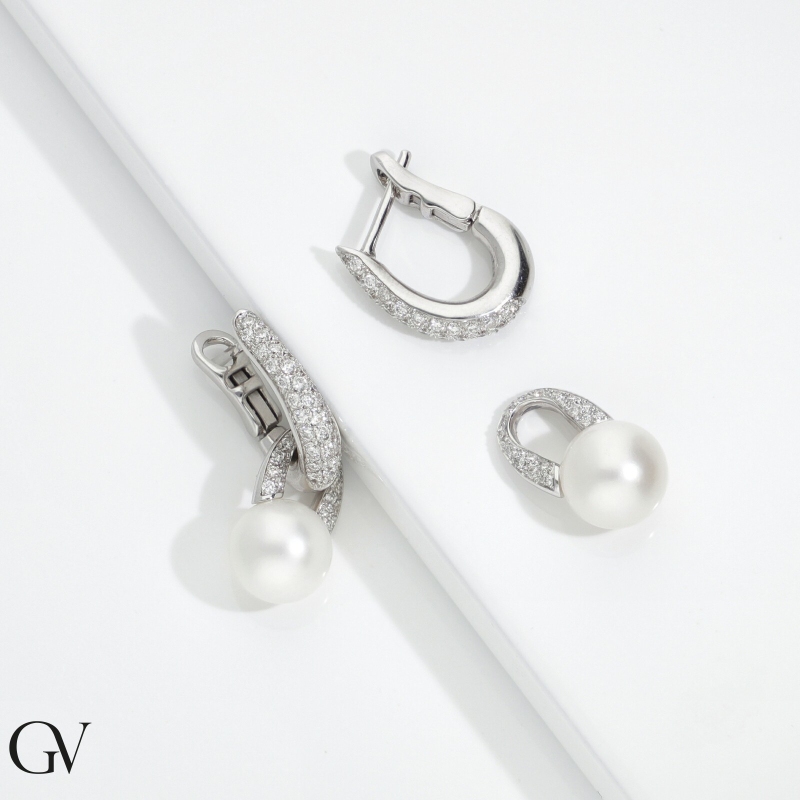 Drop earring in white gold 750 with pearls and diamonds
