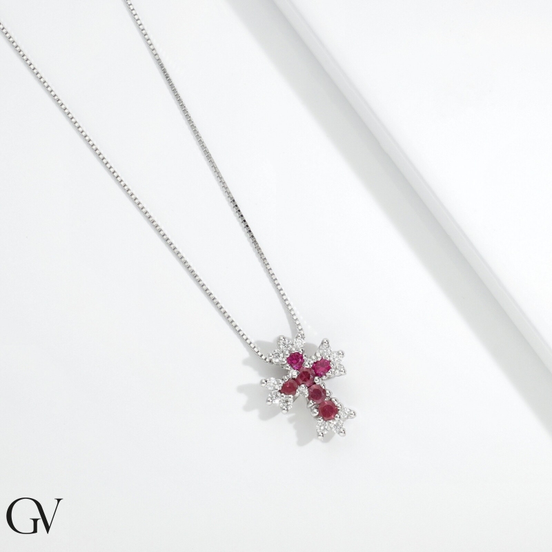 Cross necklace in white gold 750 with rubies and diamonds Cross necklace in white gold 750 with rubies and diamonds