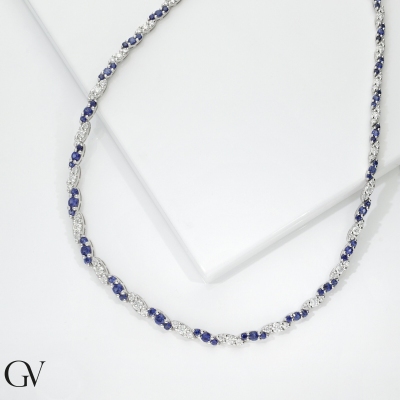 Blue sapphires and diamonds design necklace in white gold 18k