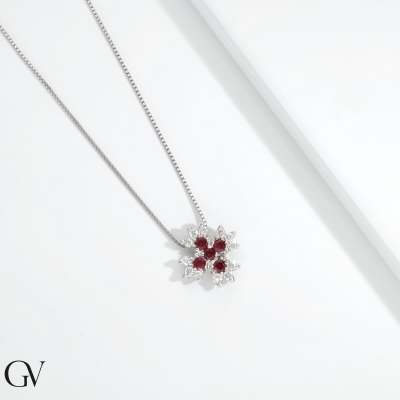 18k white gold necklace with cross in rubies and diamonds