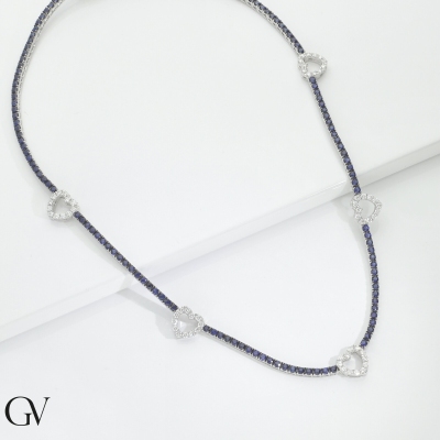 Tennis blue sapphires and diamonds heart necklace in white gold 18k