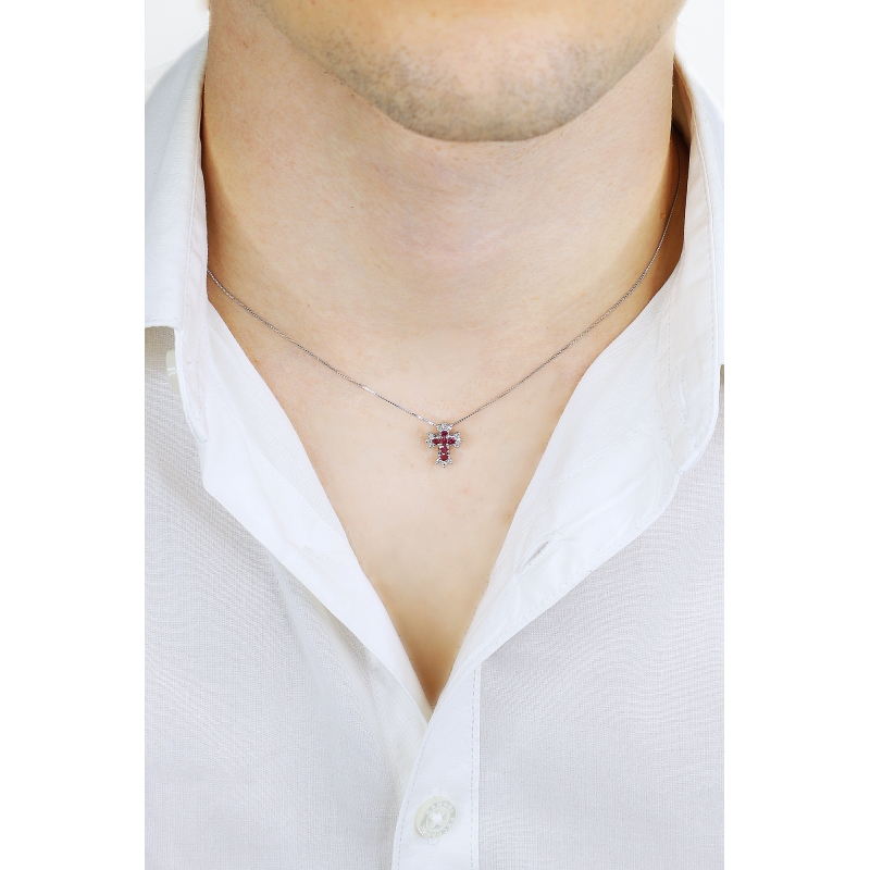 Cross necklace in white gold 750 with rubies and diamonds Cross necklace in white gold 750 with rubies and diamonds