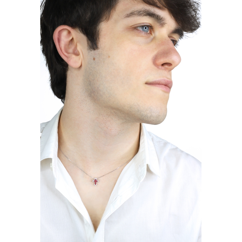 Cross necklace in white gold 750 with rubies and diamonds Cross necklace in white gold 750 with rubies and diamonds
