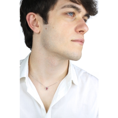 Cross necklace in white gold 750 with rubies and diamonds