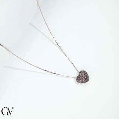 18k white gold necklace with rubies pavè burnished heart pendant