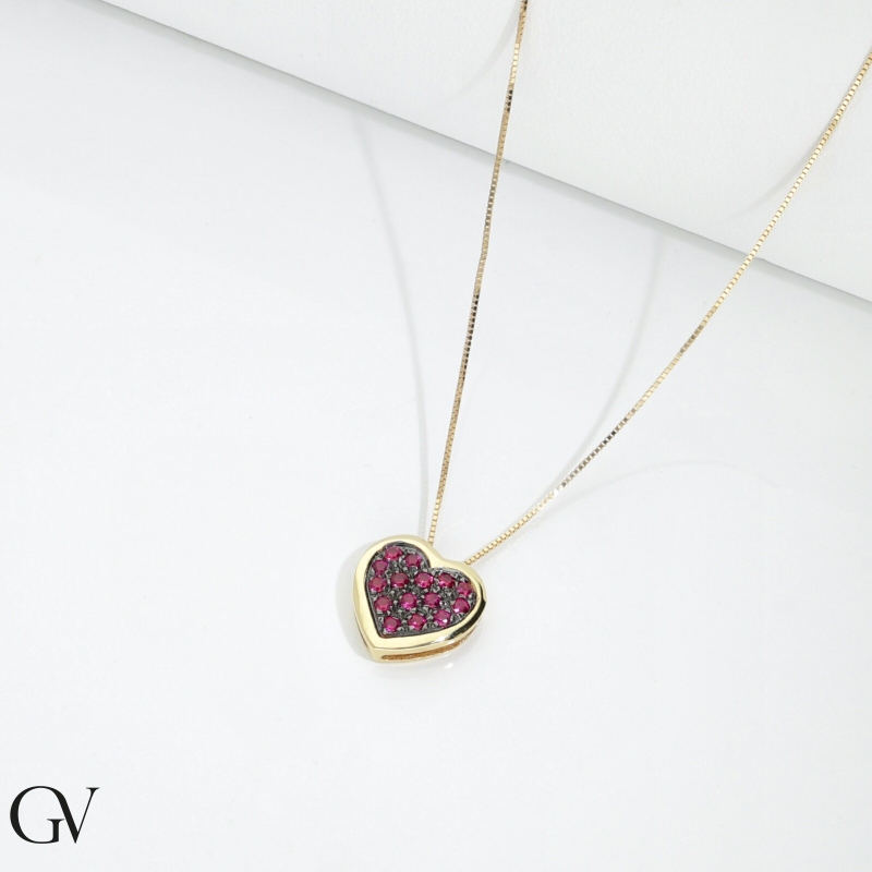 18k yellow gold necklace with heart pavè burnished rubies 18k yellow gold necklace with heart pavè burnished rubies
