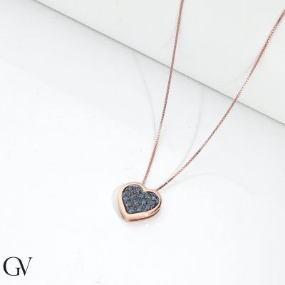 Blue sapphires heart pavè burnished pendant necklace in rose gold