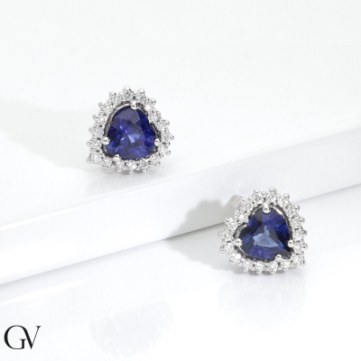 Halo earrings with blue sapphire heart and diamonds